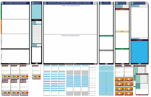 Complete Kaizen Board Set, 6 Pre-Designed Magnetic Modular Boards, 7 Magnetic Card Types, 147 Qty.